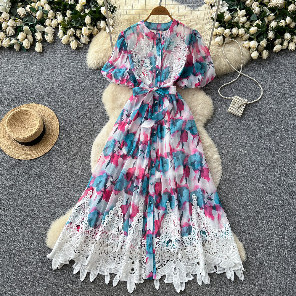 Korean style printed sweet & cute dress - women's summer short sleeve a-line dress with lace trim and tie detail - perfect for work or casual wear