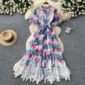 Korean style printed sweet & cute dress - women's summer short sleeve a-line dress with lace trim and tie detail - perfect for work or casual wear