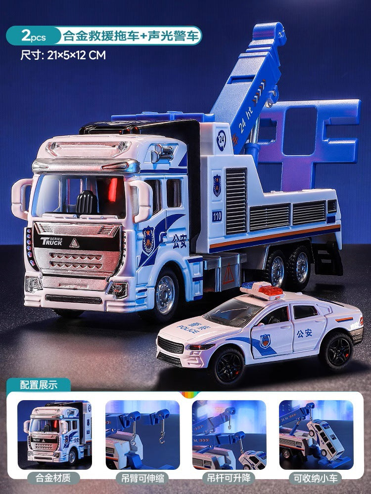 Kids' alloy toy car police car rescue truck large double-decker trailer car model for boys ages 3-6