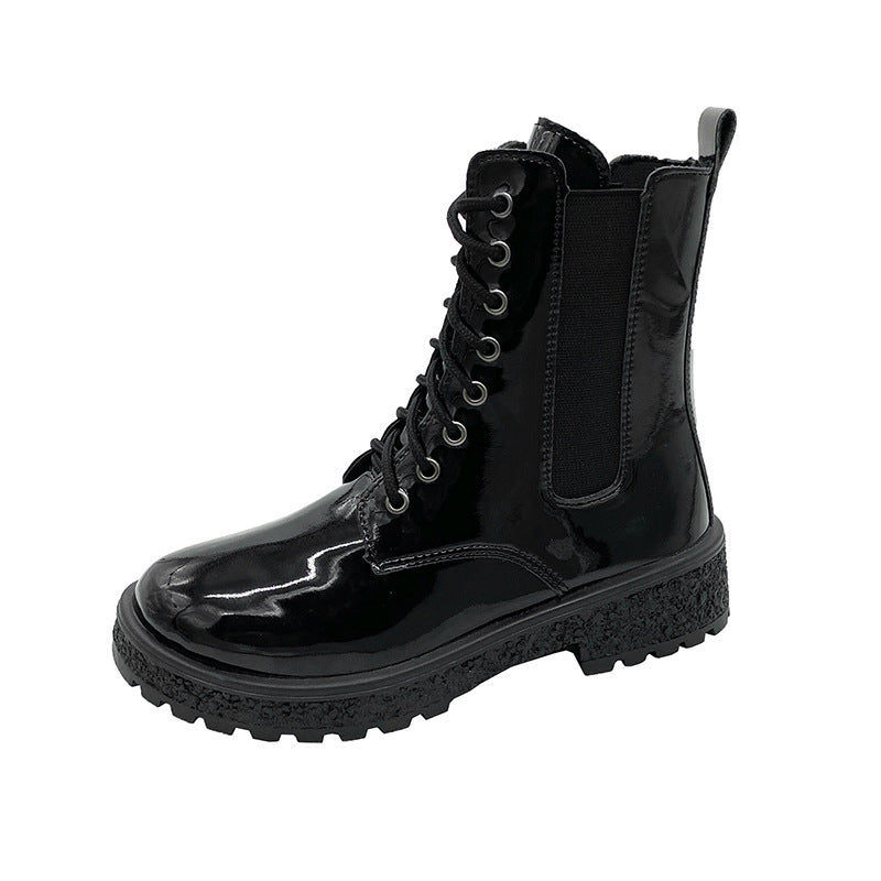 Women's mid-calf chunky heel round toe chelsea boots - 2025 autumn new korean style patent leather women's shoes - comfortable martin boots