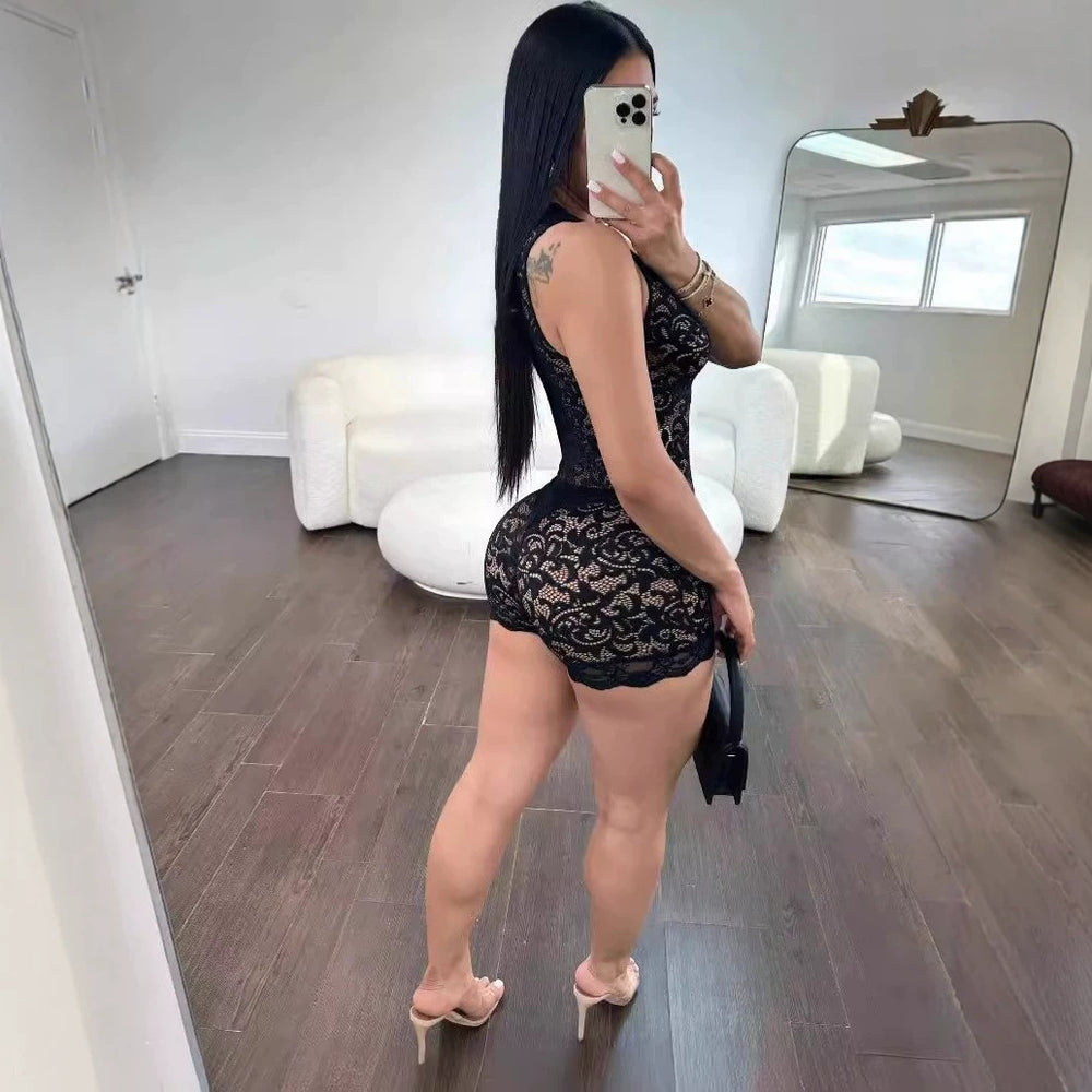 fashionlacesexy low-cut see-through cut out sleeveless tops hip-covering shorts jumpsuit no ironing