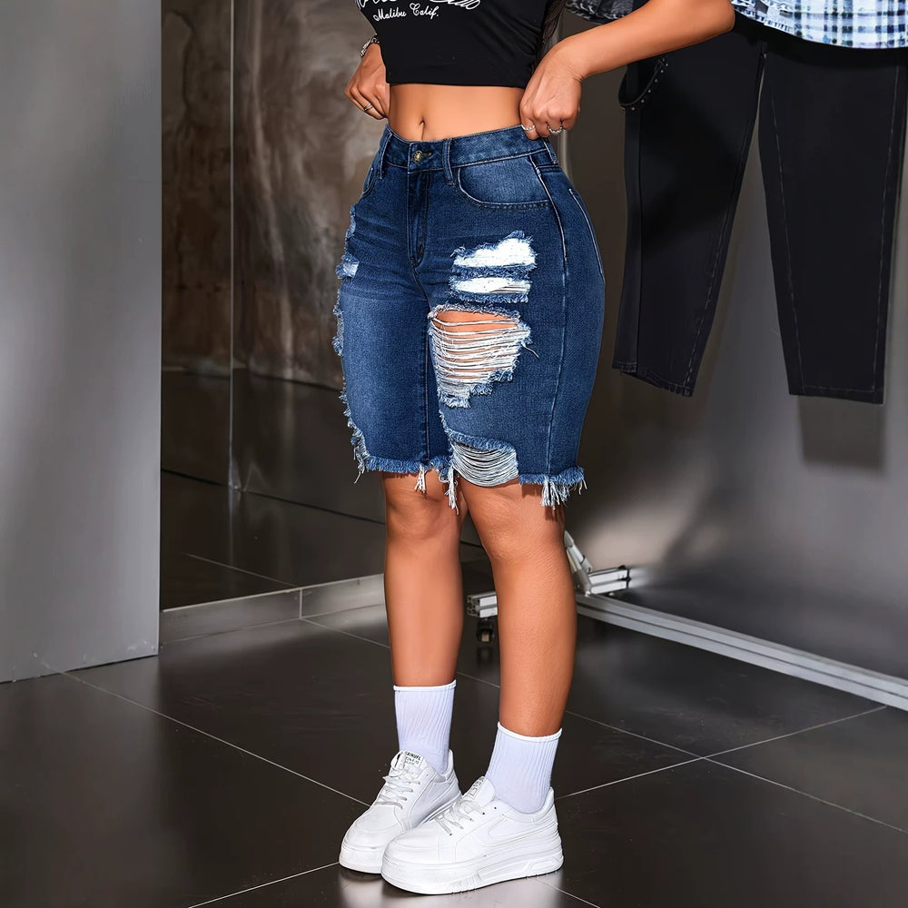 European and american jeans women's large holes raw edge half length pants high street trendy brand loosestraight-leg beggar cross-border hot sale