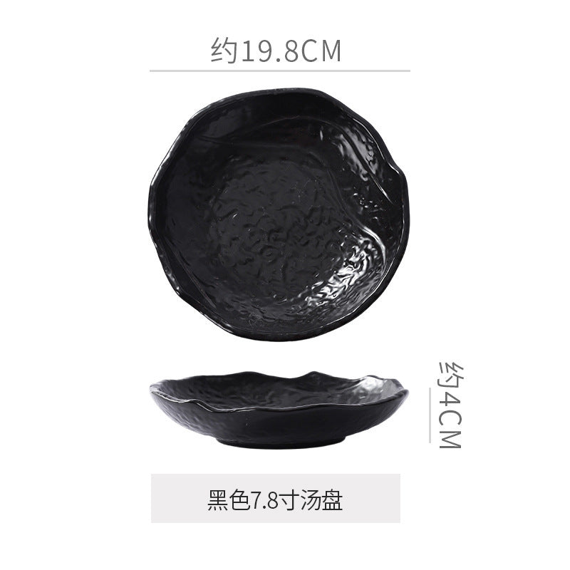 Rock texture minimalist ceramic western dinnerware black and white bowls plates dishes restaurant hotel high-end plating fruit salad bowl