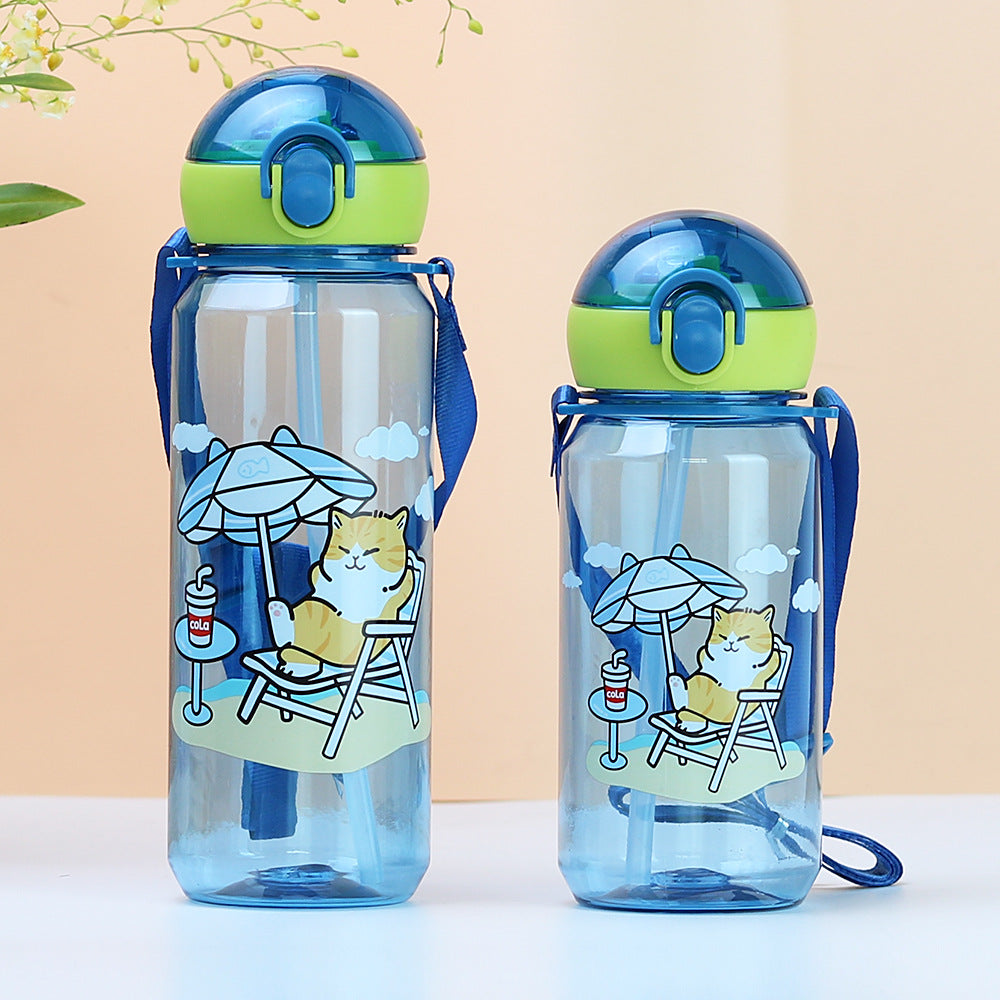Factory customized cute cartoon kids straw cup pop-up lid plastic water bottle kindergarten strap water bottle portable water bottle