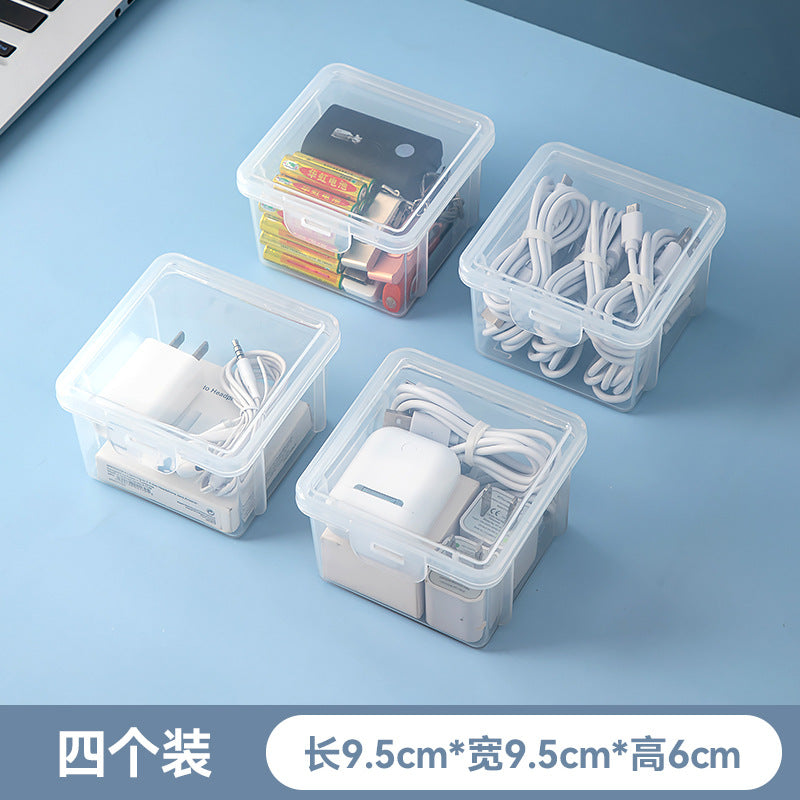 Desktop multi-functional sundries storage box, transparent plastic with cover, stackable accessories, earphone data cable storage box