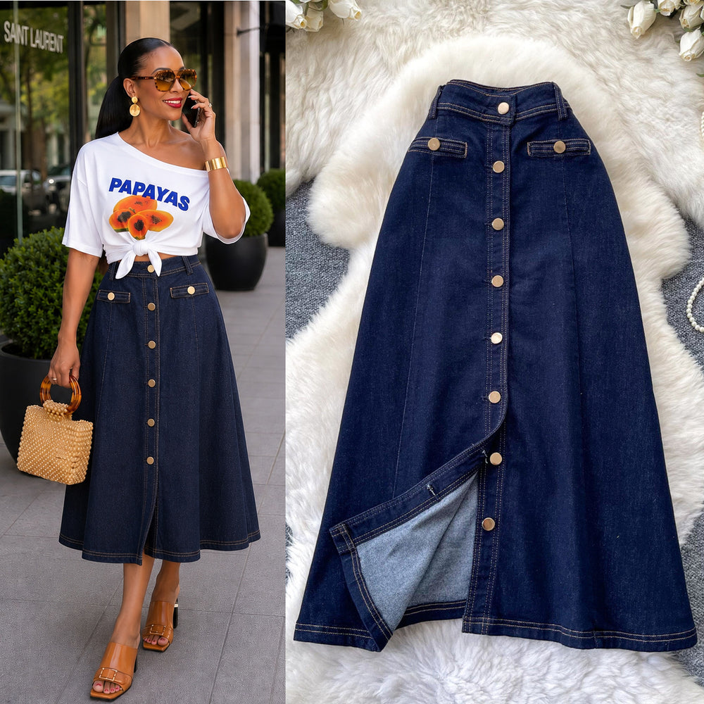 K-style multi-breasted denim slit skirt for women summerhigh waistslimming looka-line mid-length skirt work clothingclassy