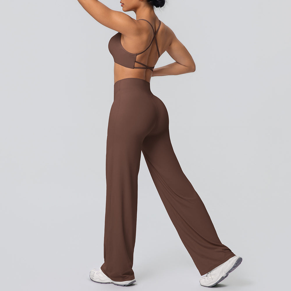 New arrival: cross-border brushed backless sports bra & breathable long-sleeve wide-leg yoga set - two-piece running & fitness outfit