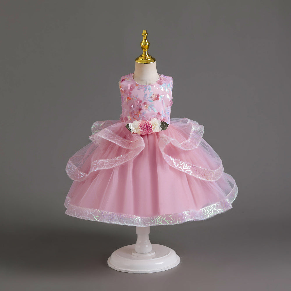 Ready-to-ship new sequin flower kids' dress, princess gown for baby girls, first birthday dress, baby dress