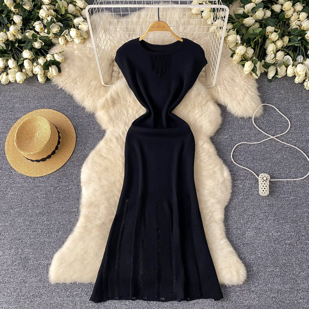 European and american style light luxury sleeveless knit dress - women's summer distressed design, unique and elegant maxi dress
