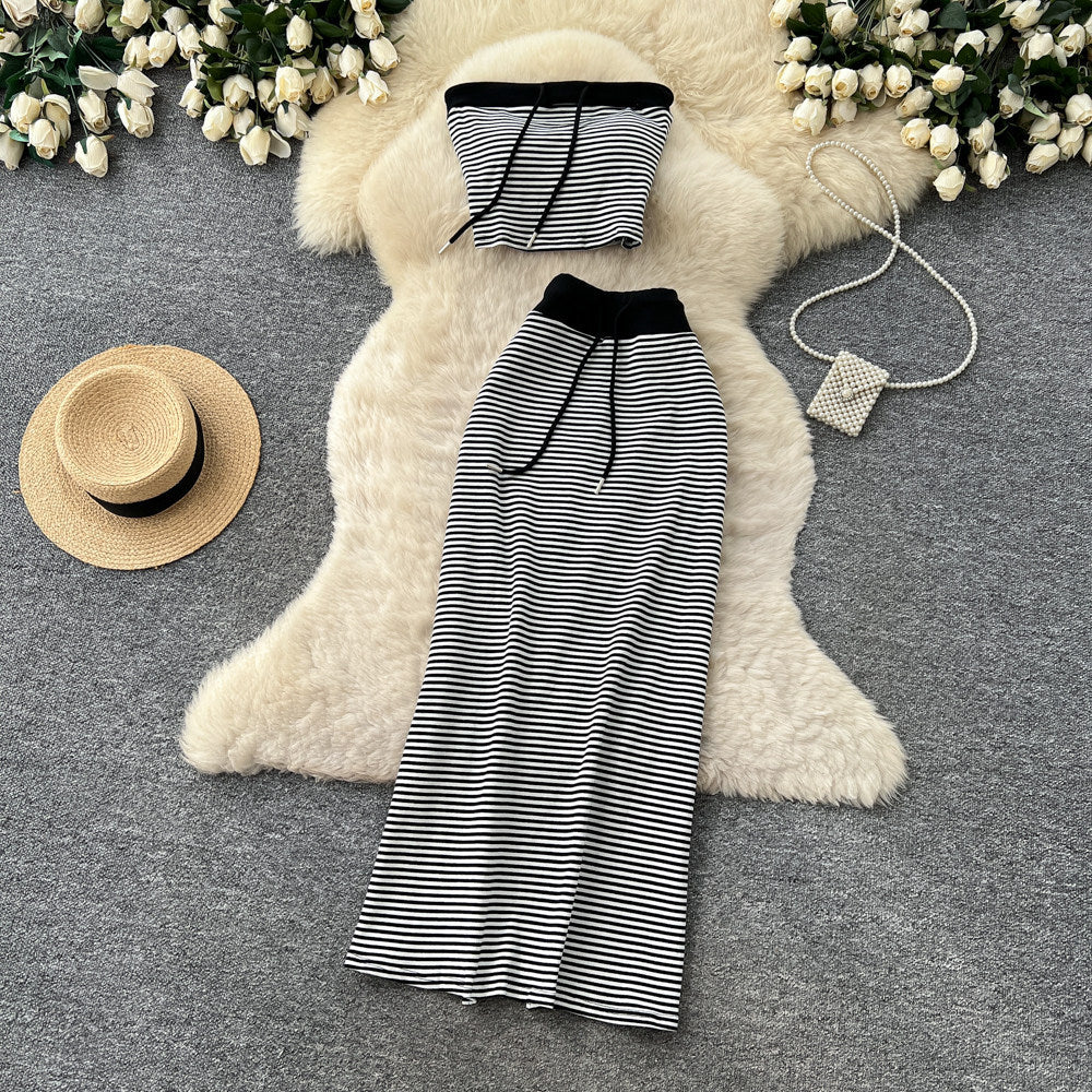 Lazy style slit skirt two-piece set women's summertie back waist tube top silmstraight-leg skirt work clothingsuit
