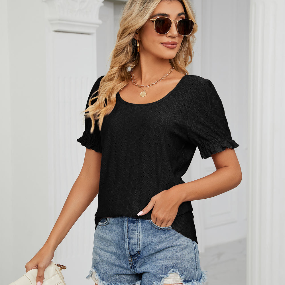 Ebay fashion cross-border export  summer  new arrival pure color cut out princess sleeve u-neck short sleeve tops women