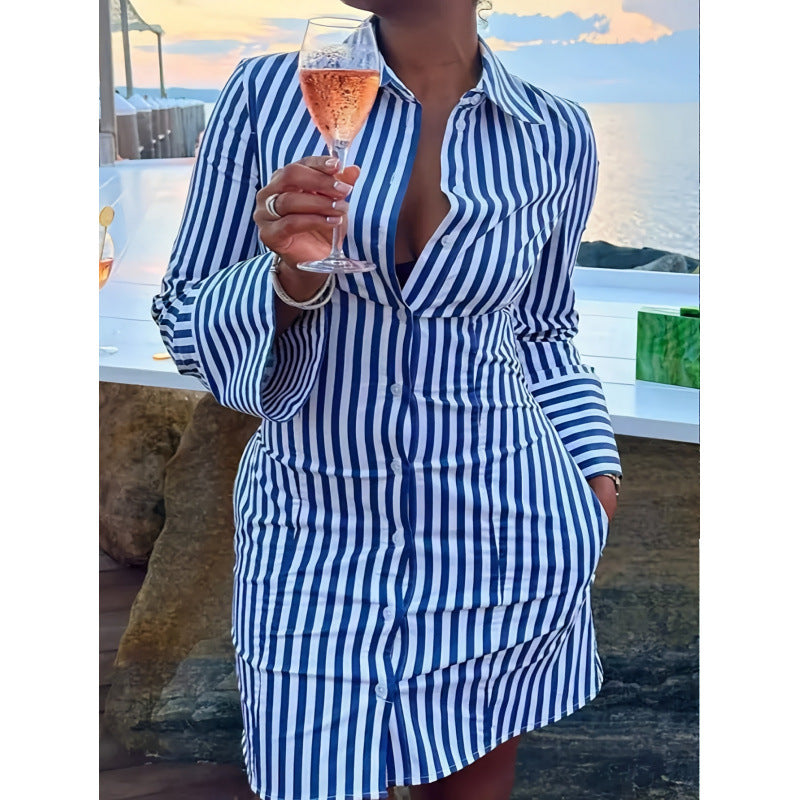 code new arrival  women's original loosestripeslong sleeves lapel dress