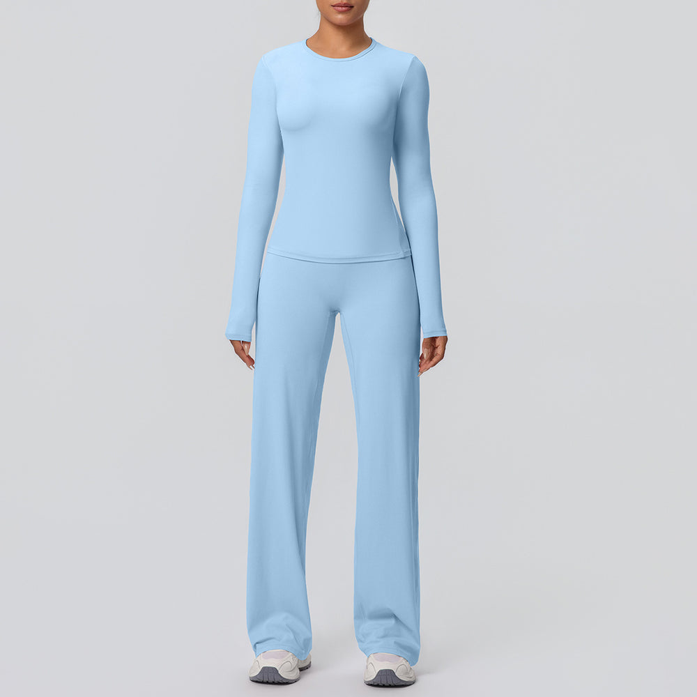 Cloud-feel outdoor casual yoga outfit: long-sleeve t-shirt top & high-waisted wide-leg active wear set for running and fitness