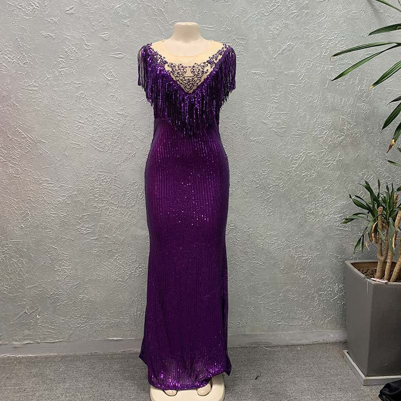 supply  sequin tassel mop long skirt pullover beaded sexy hip-covering elegant evening dress special price