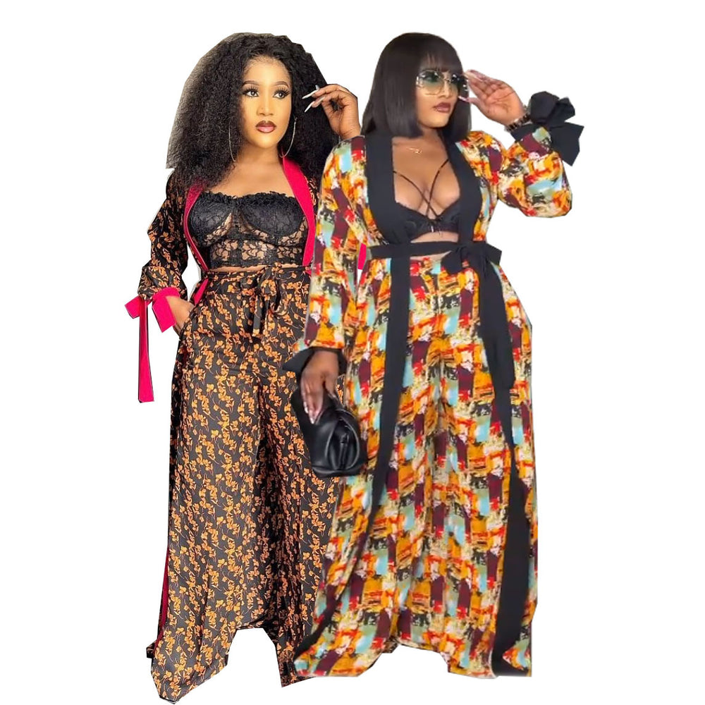 European and american style african digital print robe and cape set with printed loose wide-leg pants and belt - special offer