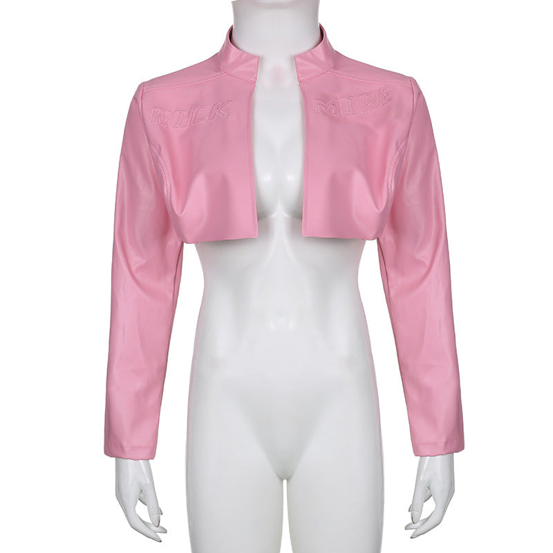 C25671 European and American sexy babes locomotive style pink basic coat baseball jacket top fashion women's autumn