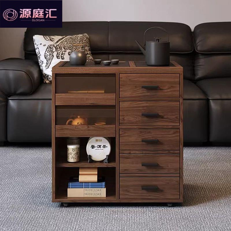 Second-hand style tea table balcony small apartment movable all solid wood tea side table tea making with water boiling tea cabinet tea table