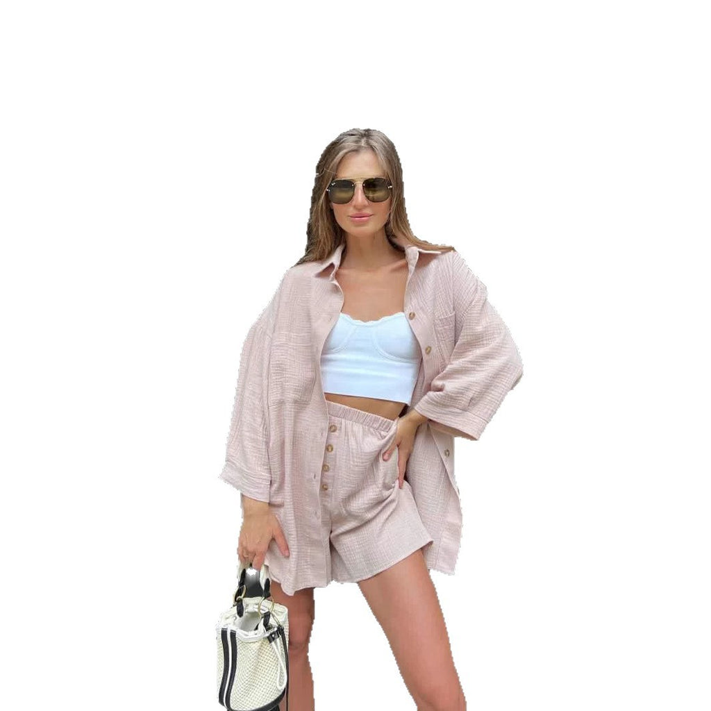 European and American casual temperament new women's clothing solid color cardigan breasted top fashion shorts two-piece set