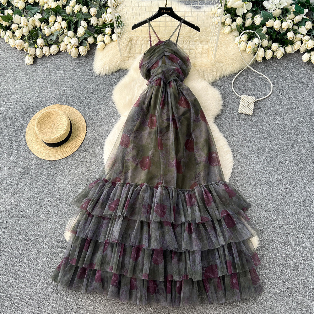 Vacation style halter sleeveless printingdress women's spring summer breathable layered mesh cake skirt slimming look long skirt