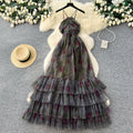 Vacation style halter sleeveless printingdress women's spring summer breathable layered mesh cake skirt slimming look long skirt