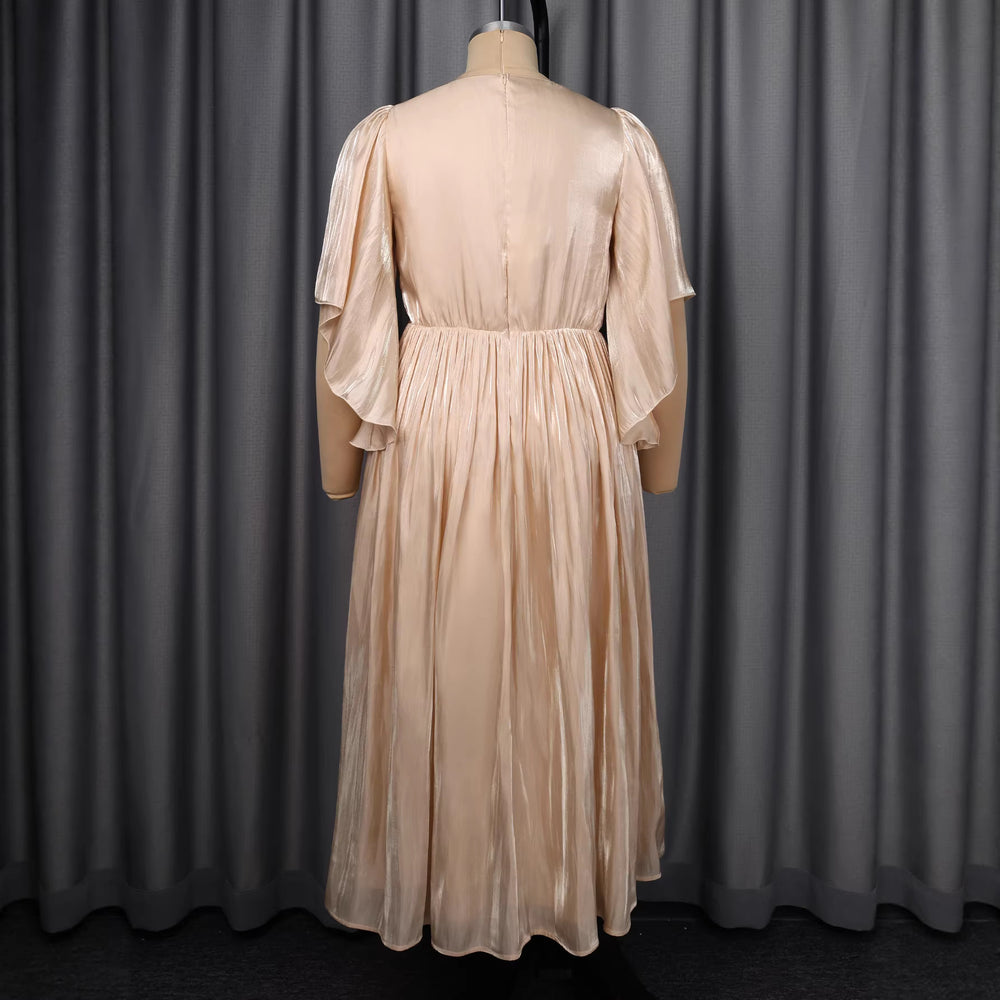 retrov necksatin mid-sleeve dress stereo flower waist slit evening party dress dress