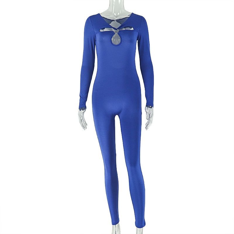 European and american style cross-border fashion women's solid color cutout metal ring jumpsuit design sporty bodycon bodysuit