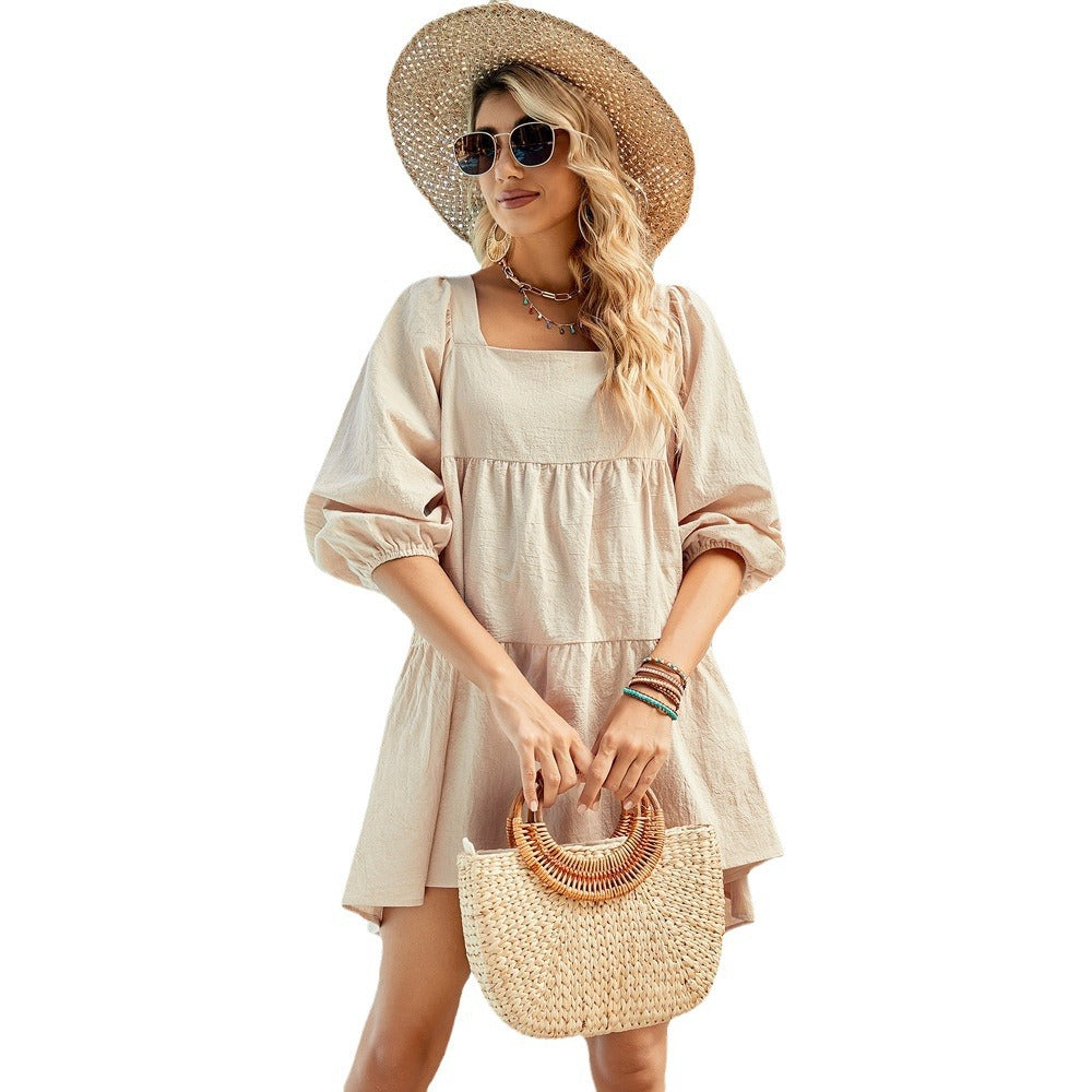 European and American  women's clothing pastoral square collar seven-quarter sleeve dress spring new high-waisted pullover solid color cake dress