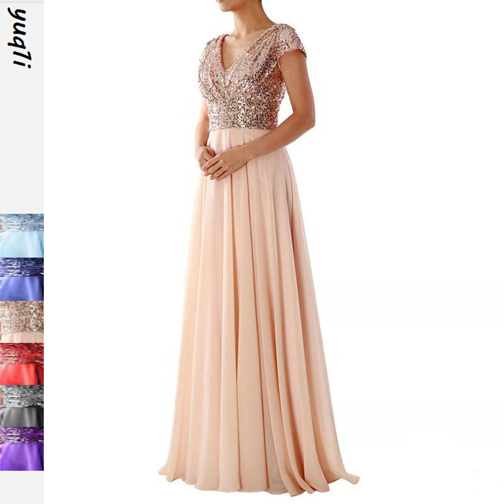 summer new arrival: women's foreign trade dress -  &  new v-neck sequin chiffon patchwork evening gown maxi dress