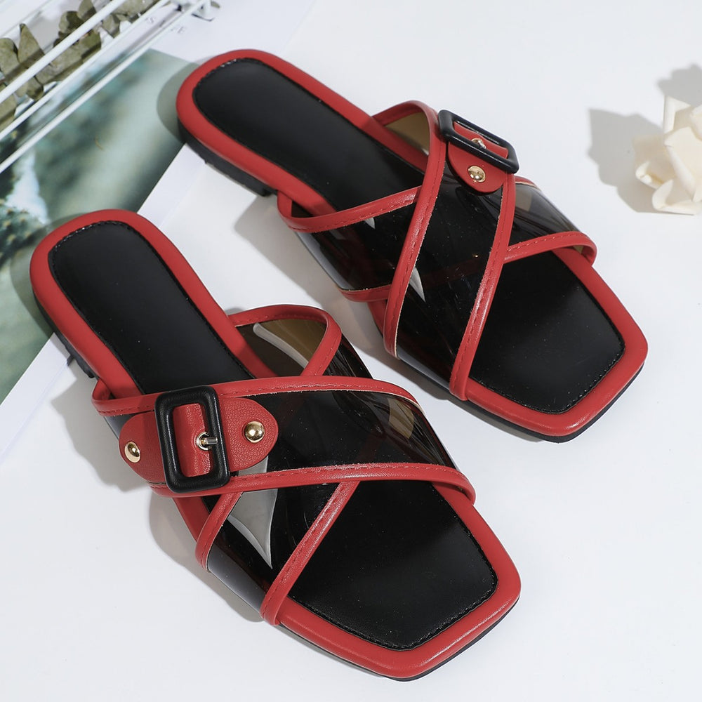 K-style women's shoes square toe cross strap belt buckle sandals glass glue soft leather retroflats slippers outwear flip-flops