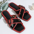 K-style women's shoes square toe cross strap belt buckle sandals glass glue soft leather retroflats slippers outwear flip-flops