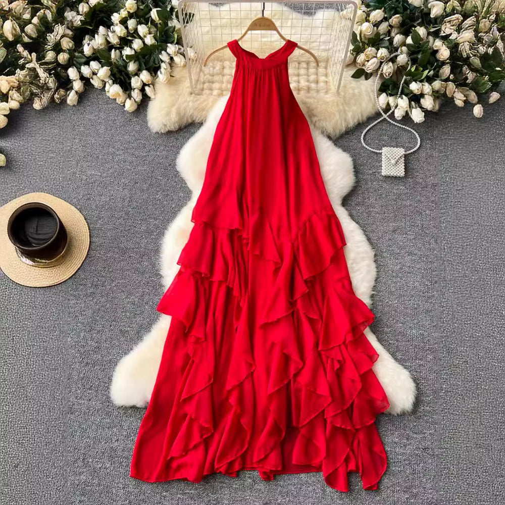 Beach vacation dress - women's alluring & ethereal halter neck ruffle chiffon fairy dress - french style sleeveless maxi dress