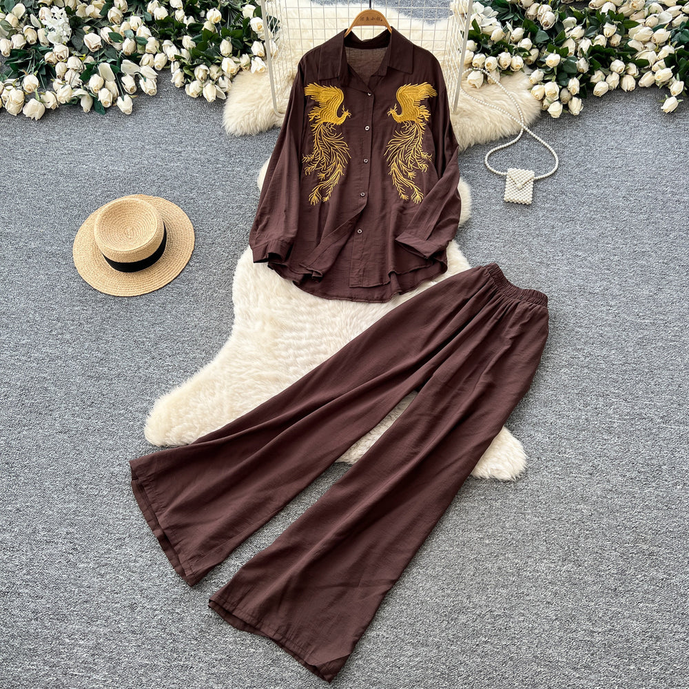 Lazy style pink embroidershirtloose pantstwo-piece setfemaleautumwork clothingslimming lookelegantsuitcasual