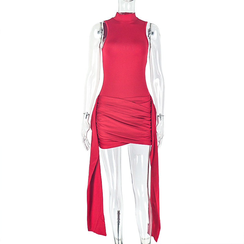 European and american style fashionable women's pleated patchwork tie-up bodycon mini dress - casual solid color stand collar short dress