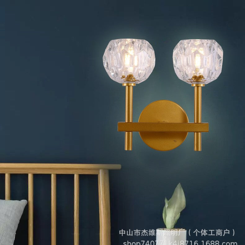 Modern french brass three-dimensional faceted crystal glass wall sconce - luxury soft lighting for b&b guest rooms and bathroom mirrors