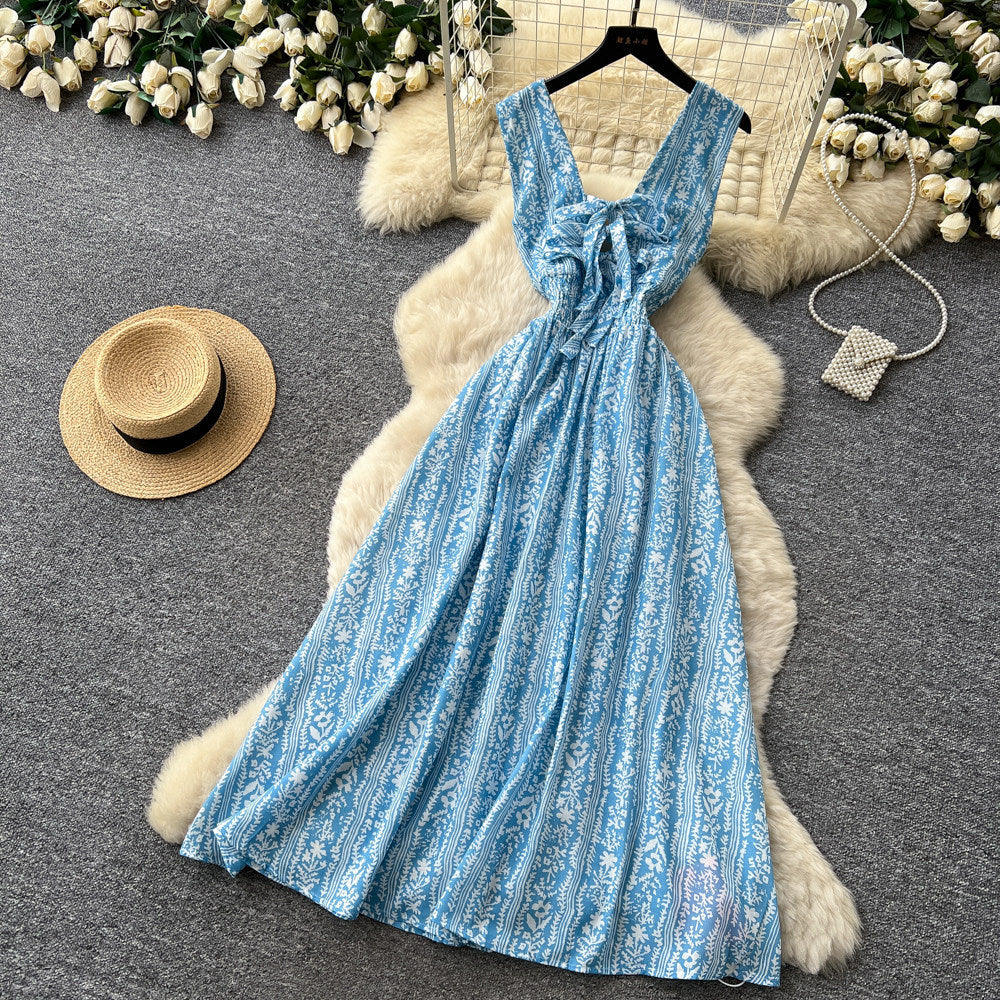 Frenchniche style blue printing suspender dress female summerk-style stereo flower large swingelegant princess dress fairy spirit