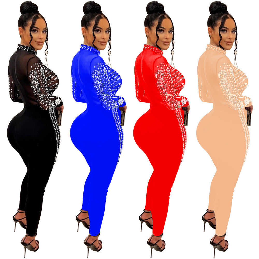 C6247 cross-border   fashion women's solid color mesh rhinestone long sleeve pants jumpsuit