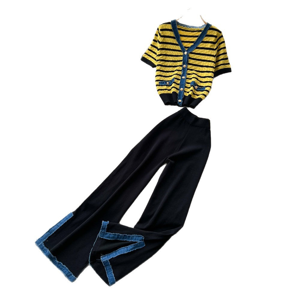 Light mature style stripesknittingcardiganloose pantstwo-piece setfemalesummer silmslimming lookfashionelegantsuit