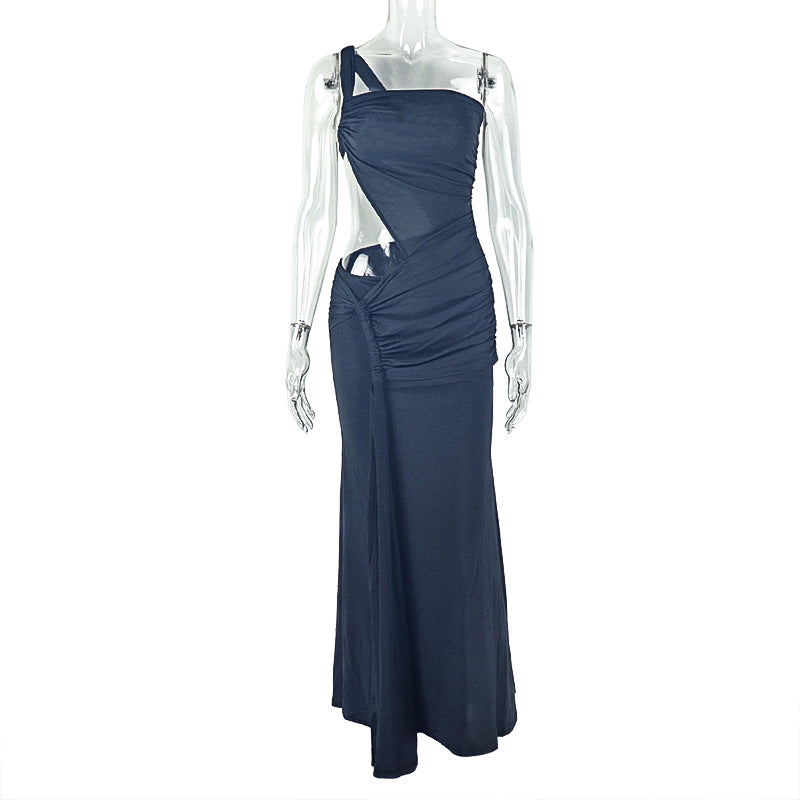 Fashion style export women's clothing silm asymmetrical pleated hip skirt one shoulder oblique collar tube toppure color long dress trendy