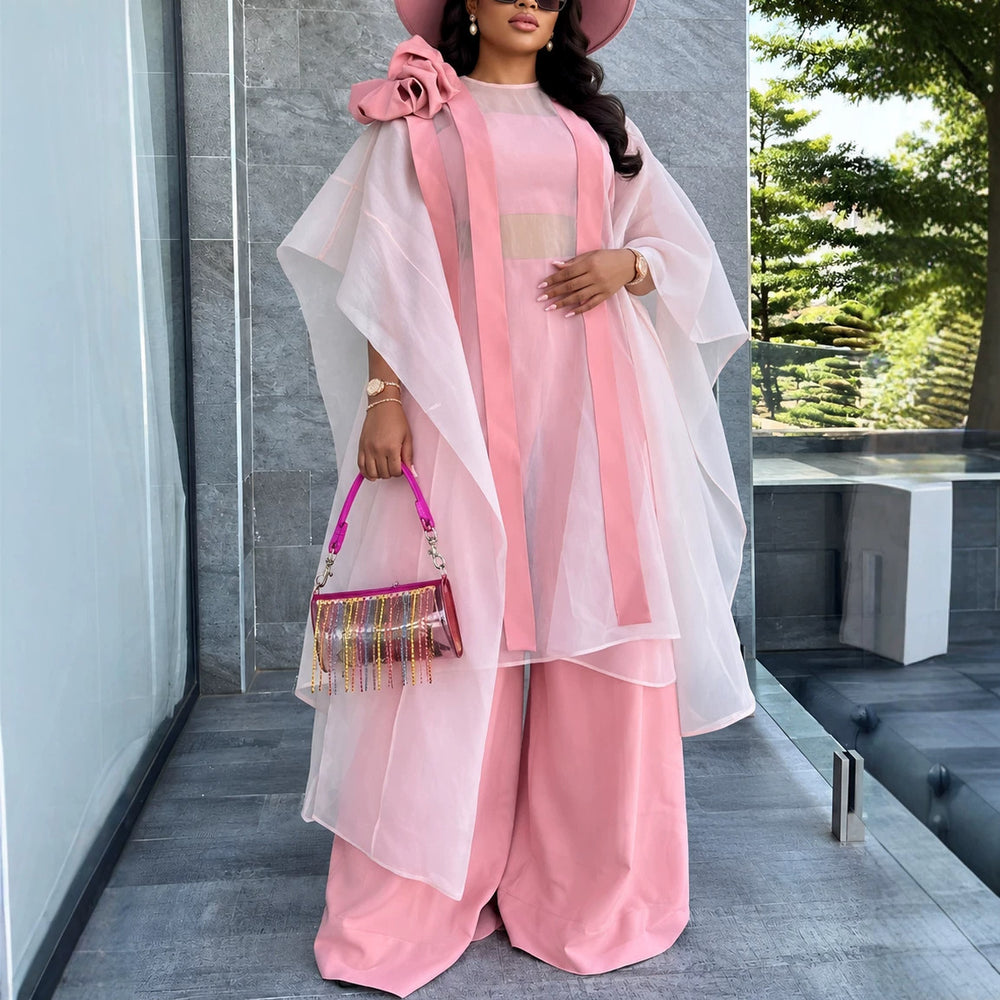 Trendy african-inspired loose sheer top & wide-leg pants set - pink robe two-piece outfit for parties & weddings