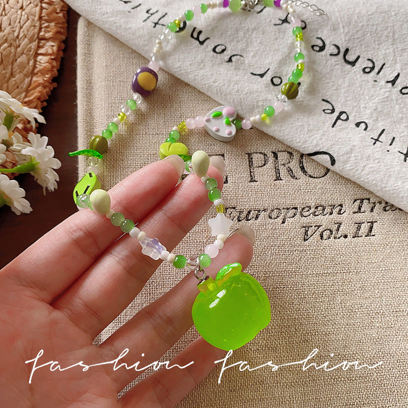 Summer fresh mint green green apple beaded necklace women's sweet forest girl style cute easiest for match clavicle chain