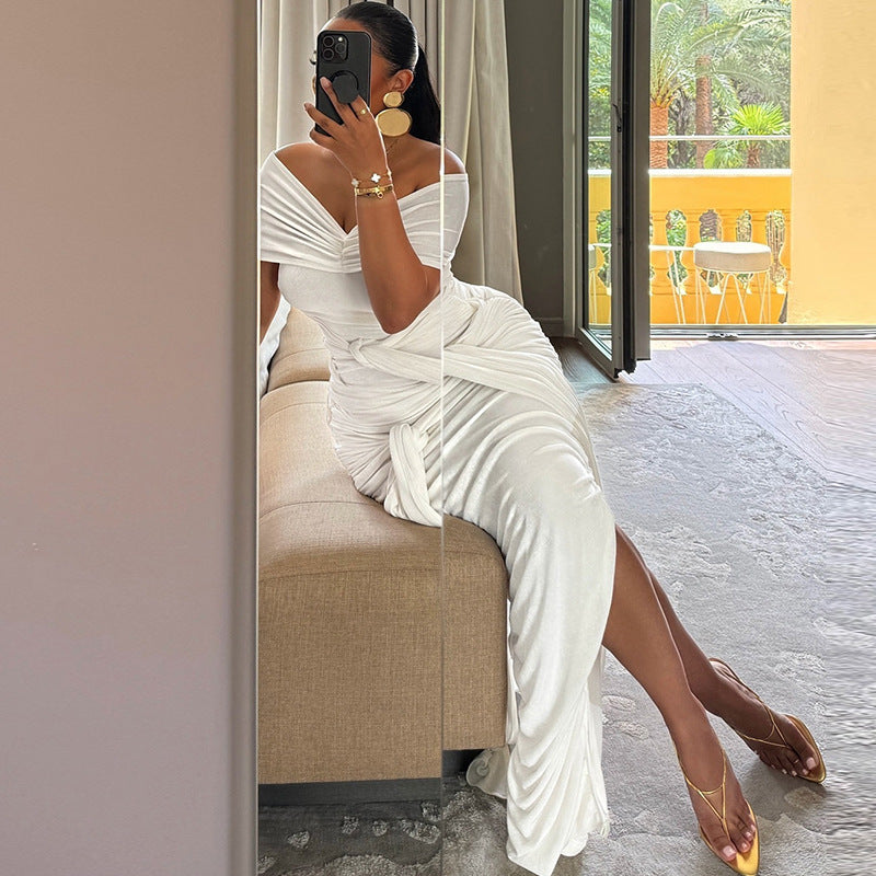Fashioninsexport women's pure colordresssexy one-line collar off-shoulder sleeveless ribbon elegant slit skirt dress