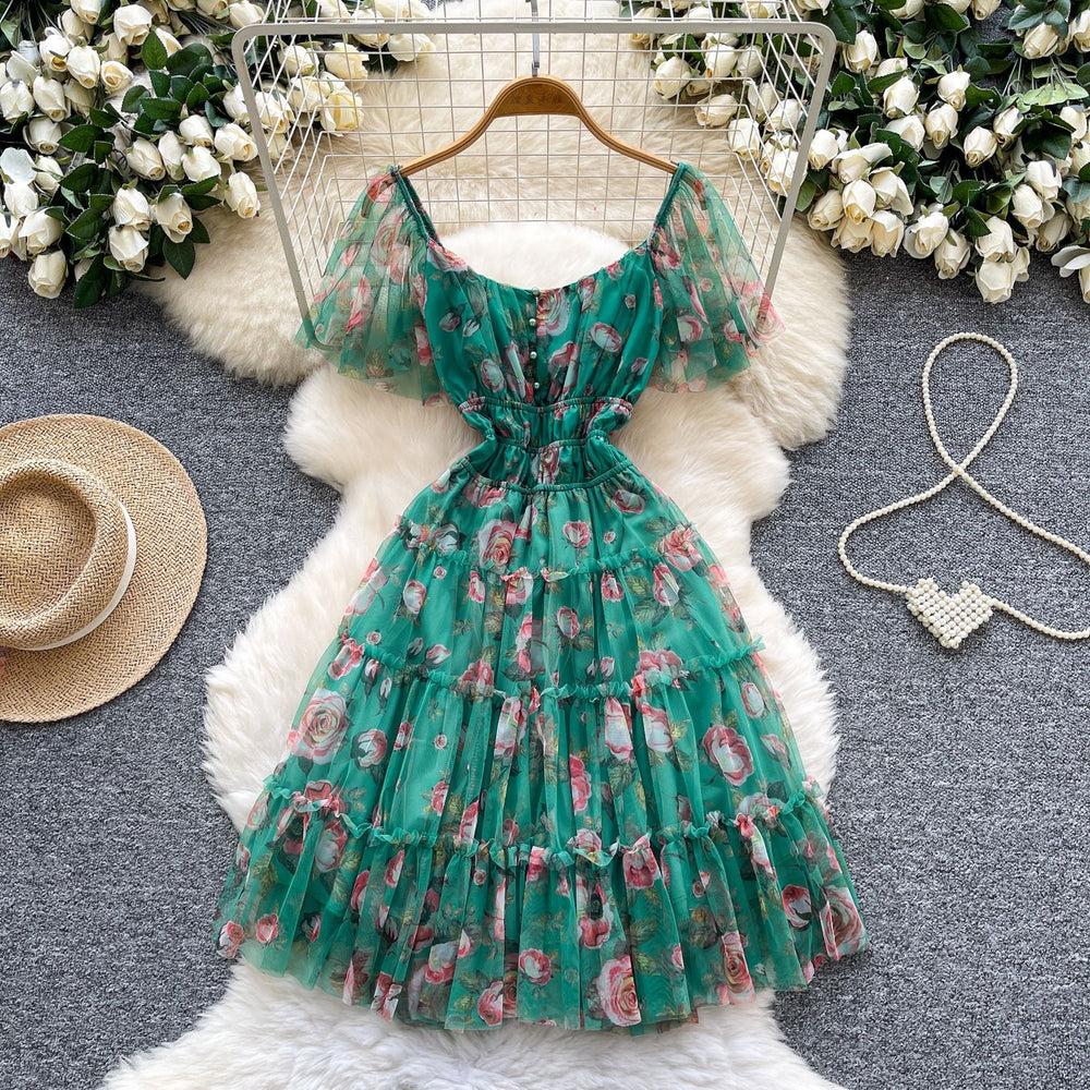 Dopamine dress: square neck, bubble sleeves, floral print, summer mesh overlay with ruffle trim - sweet & stunning