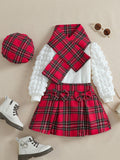 fashionpreppy style girlsuitbubble long sleeves round neck bowsplaid skirt scarf beretsuit