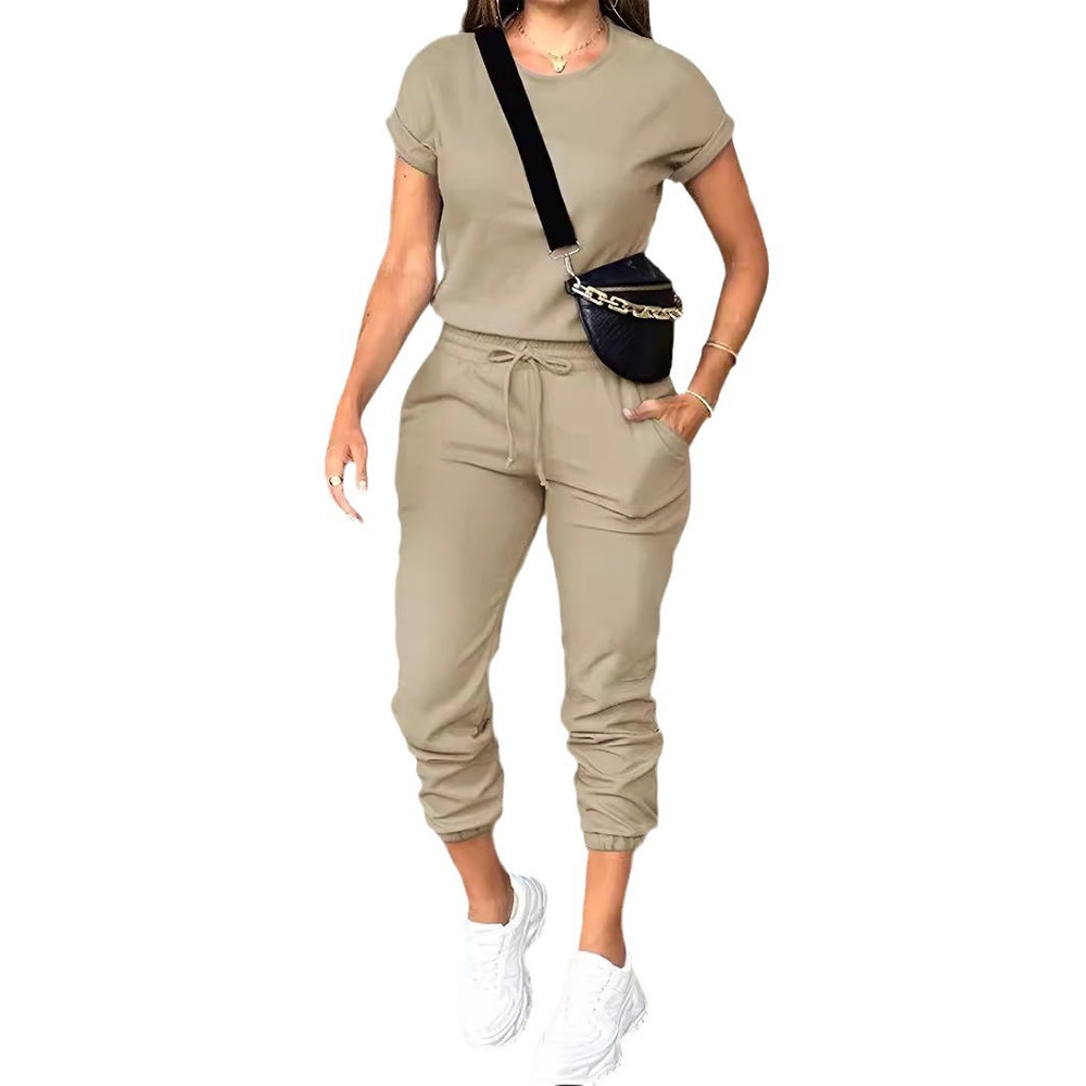 Amazon cross-border e-commerce fashion casual women's solid color crew neck top and multi-pocket pants set - versatile style