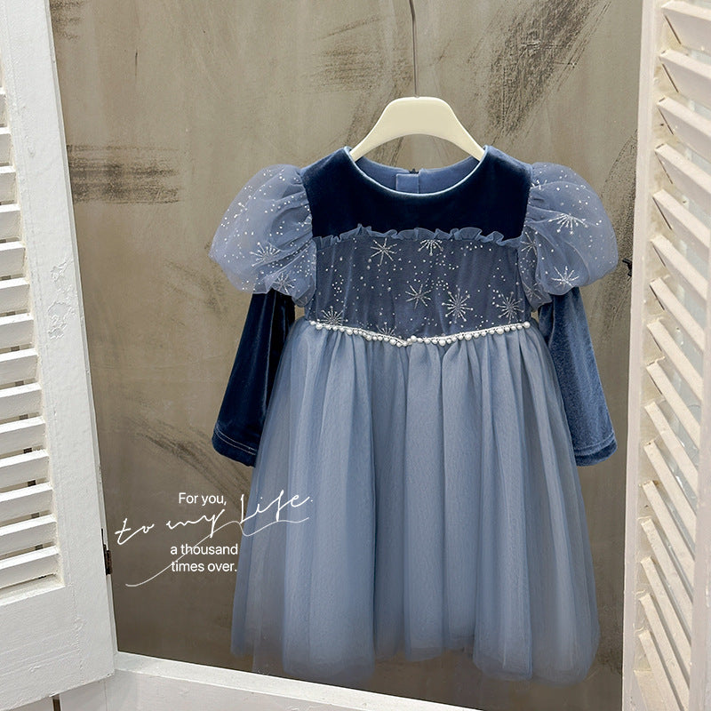Girls' spring dress new : stylish baby girl birthday dress, fleece-lined and thickened, elsa princess dress, trendy style
