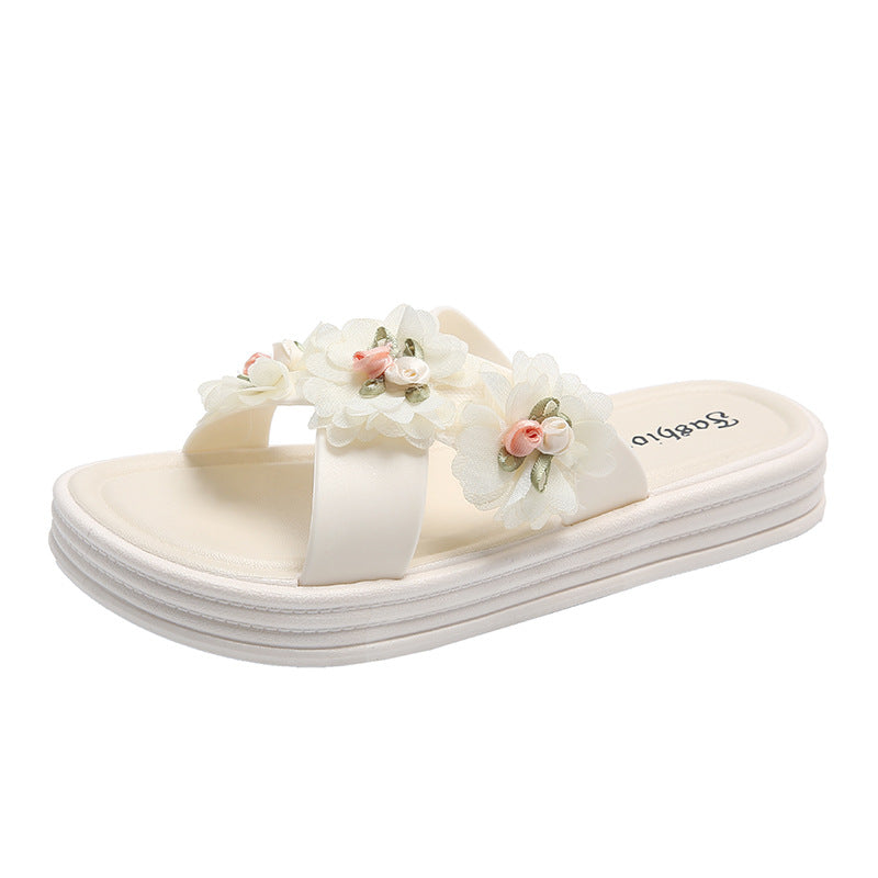 Sweet fairy style slippers women's new summer outwearfashion flower dissolving thick sole cross one-character sandals