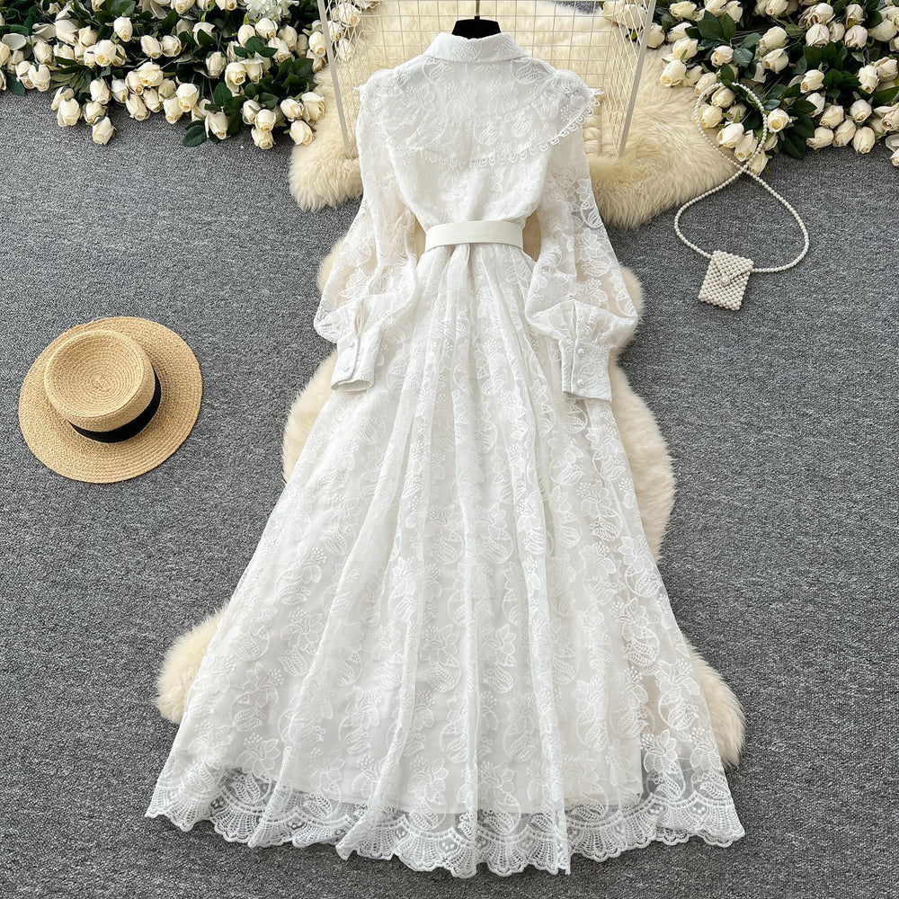 Luxury chic polo collar dress - spring collection: exquisite embroidered mesh, unique design, ethereal and elegant maxi dress