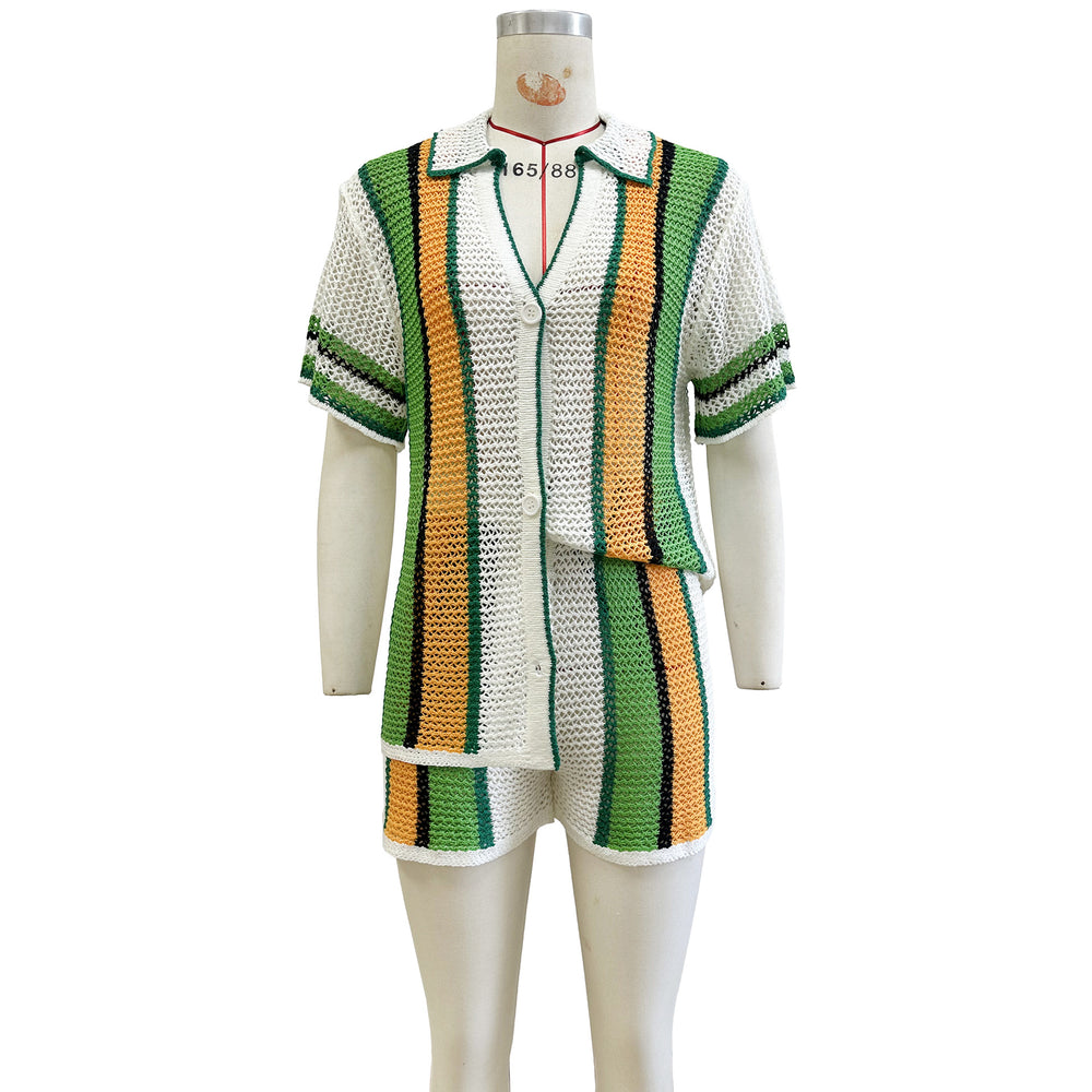 Amazon hot selling european and american women's sexy cut out lapel knitting shorts suit