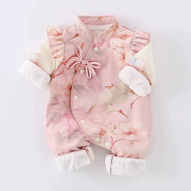 Baby spring & fall onesie, first birthday chinese style outfit, romper, chinese style newborn 100-day celebration outfit, crawling suit for baby girls