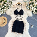 Beach vacation bikini set - women's versatile tassel halter top & knit midi skirt two-piece